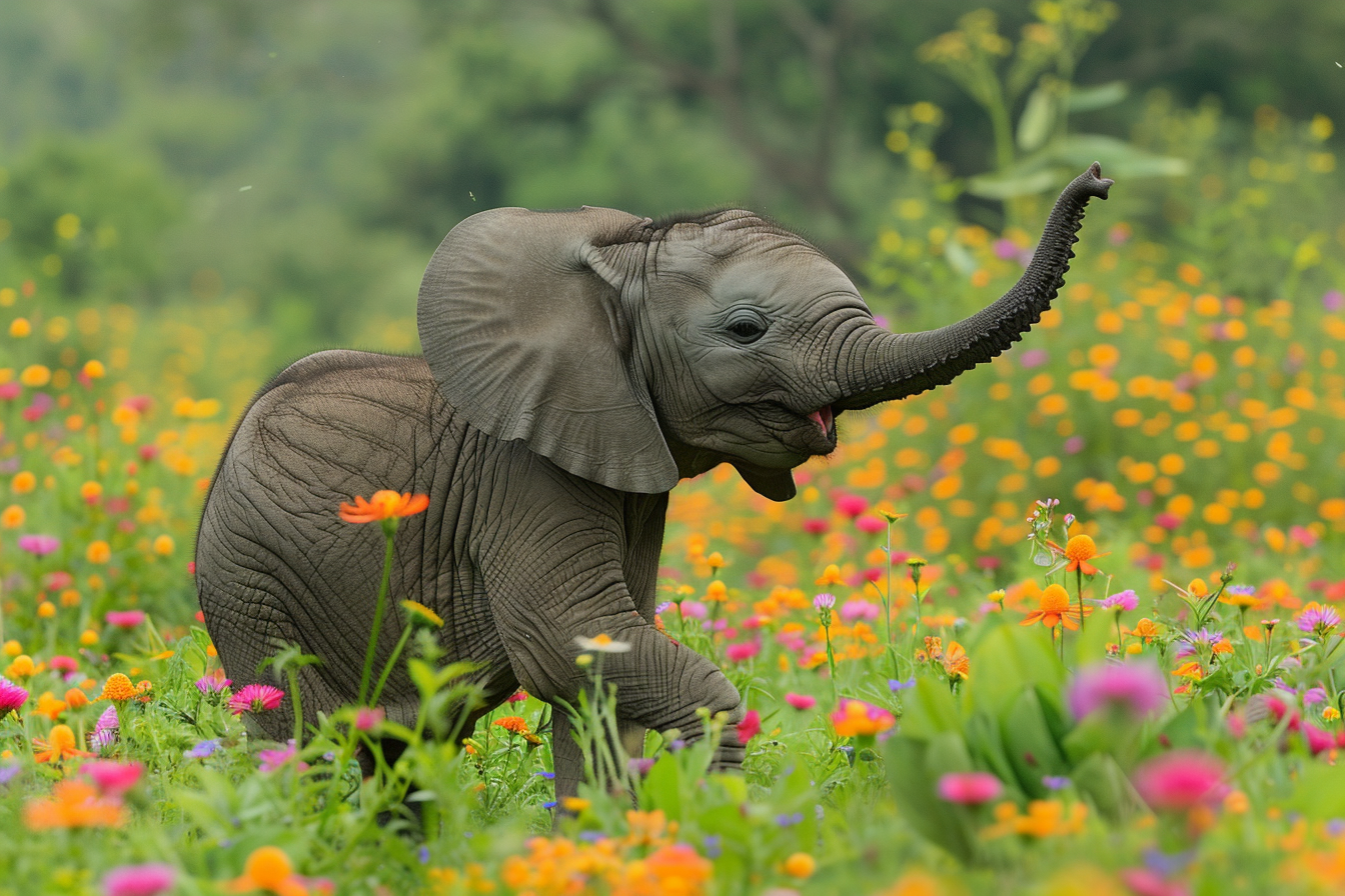 Image gratuite Bébé éléphant jouant dans champ de fleurs sauvages 1