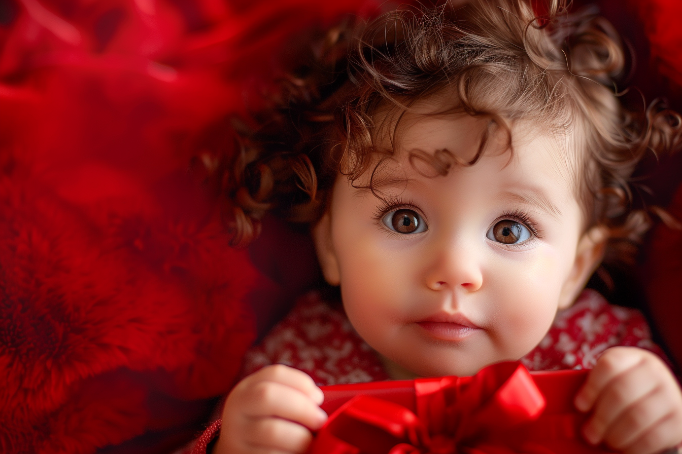Image gratuite Bébé fille déballant cadeau de Noël sur fond rouge 1