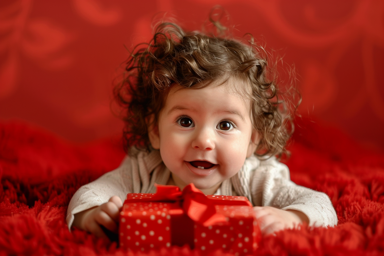 Image gratuite Bébé fille déballant cadeau de Noël sur fond rouge 2
