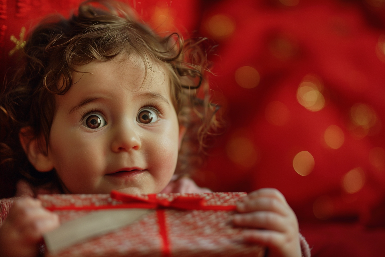 Image gratuite Bébé fille déballant cadeau de Noël sur fond rouge 3