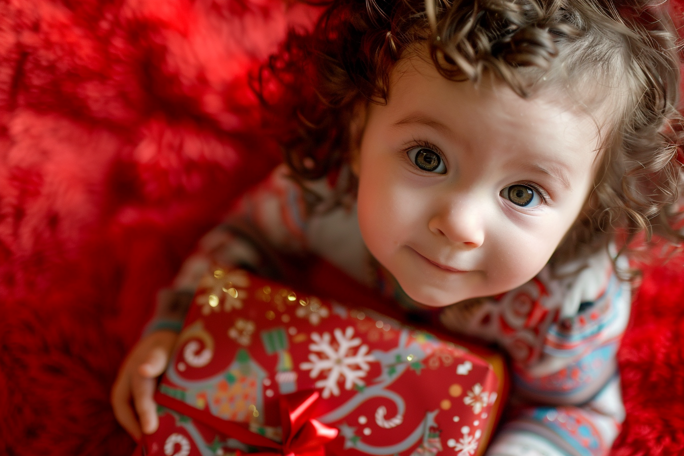Image gratuite Bébé fille déballant cadeau de Noël sur fond rouge 4