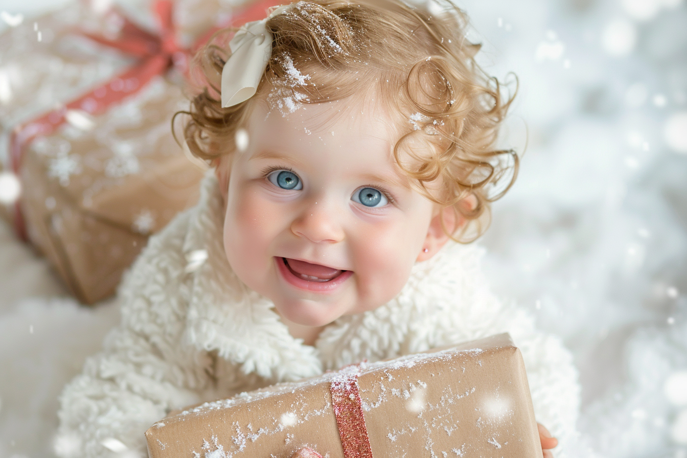 Image gratuite Bébé fille déchirant cadeau de Noël sur fond blanc 1