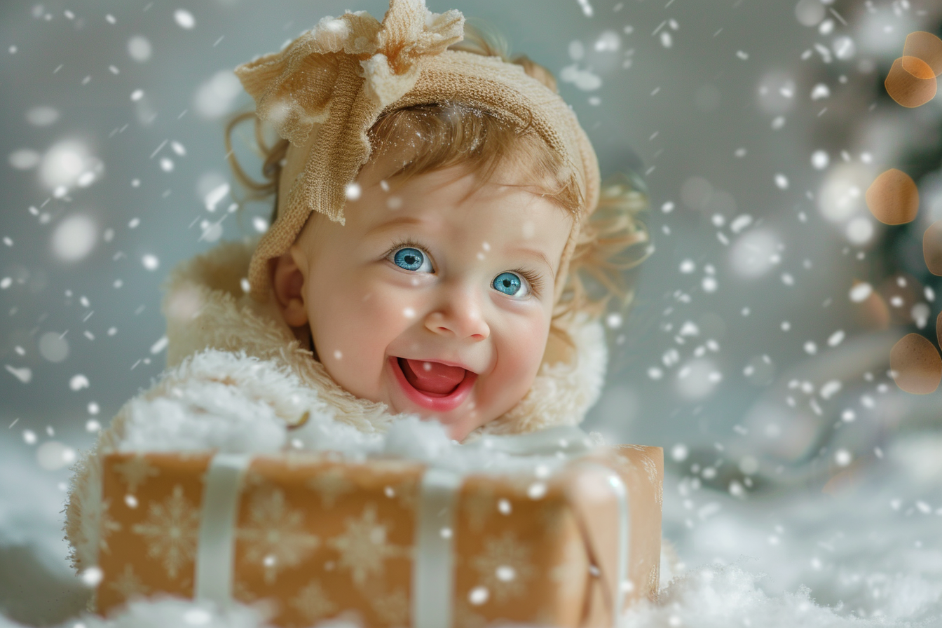 Image gratuite Bébé fille déchirant cadeau de Noël sur fond blanc 2