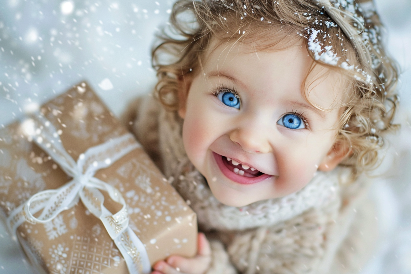 Image gratuite Bébé fille déchirant cadeau de Noël sur fond blanc 3