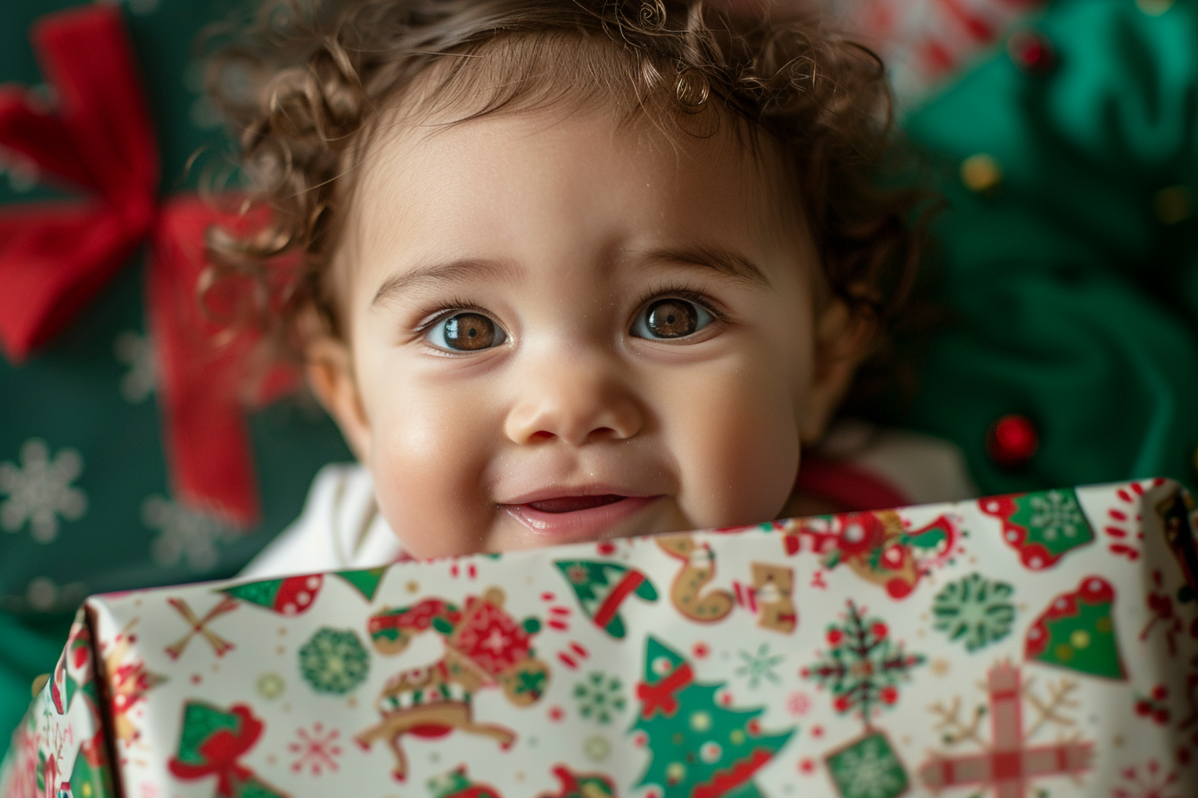Image gratuite Bébé fille déchirant cadeau de Noël sur fond vert 2