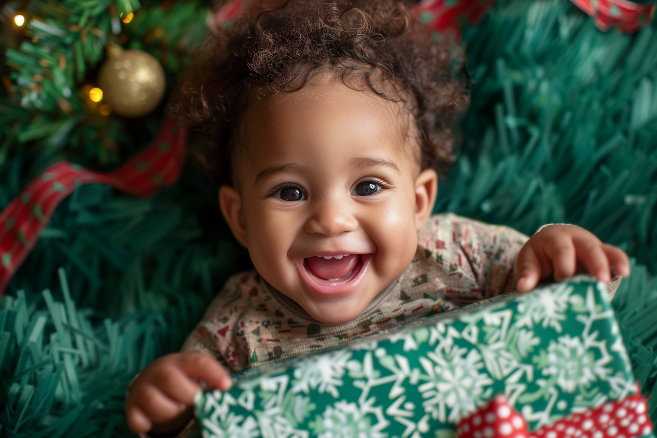 Image gratuite Bébé fille déchirant cadeau de Noël sur fond vert 3