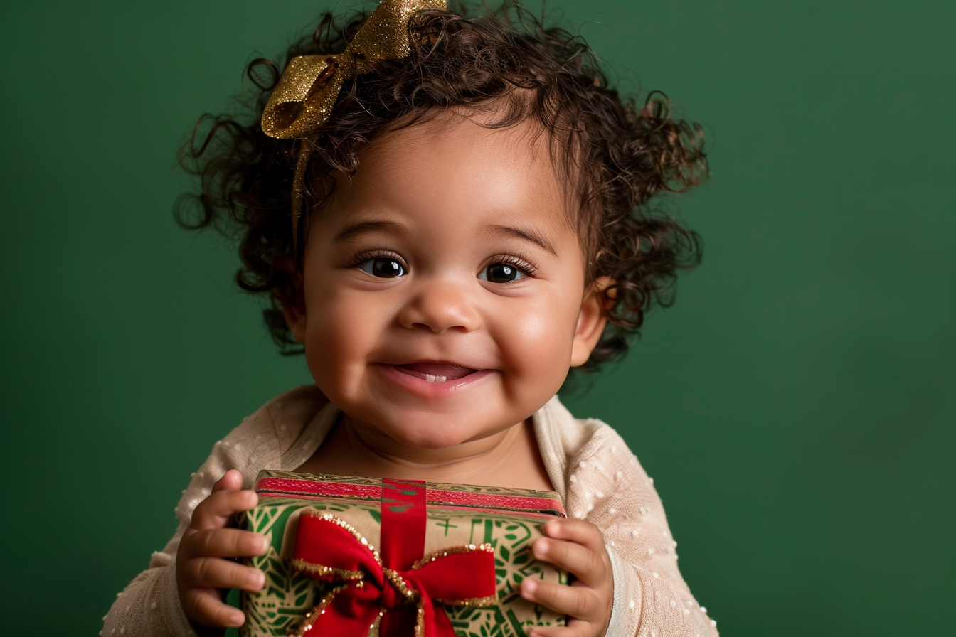 Image gratuite Bébé fille déchirant cadeau de Noël sur fond vert 4