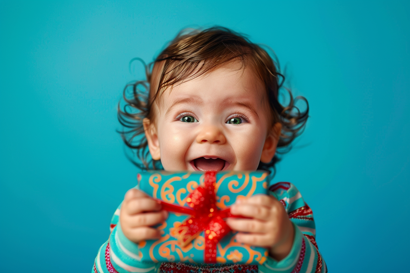 Image gratuite Bébé fille découvrant cadeau sur fond bleu 1