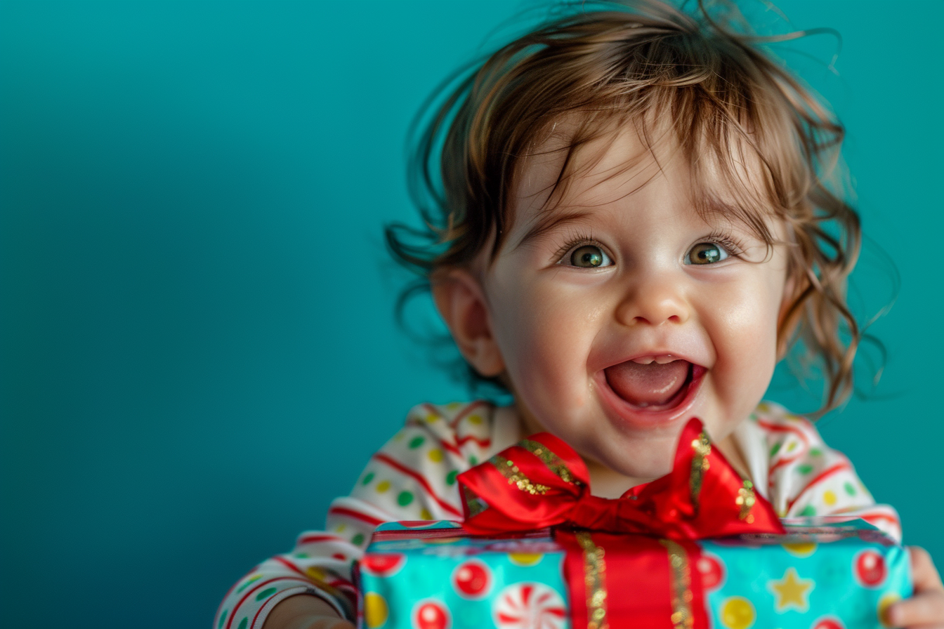 Image gratuite Bébé fille découvrant cadeau sur fond bleu 2