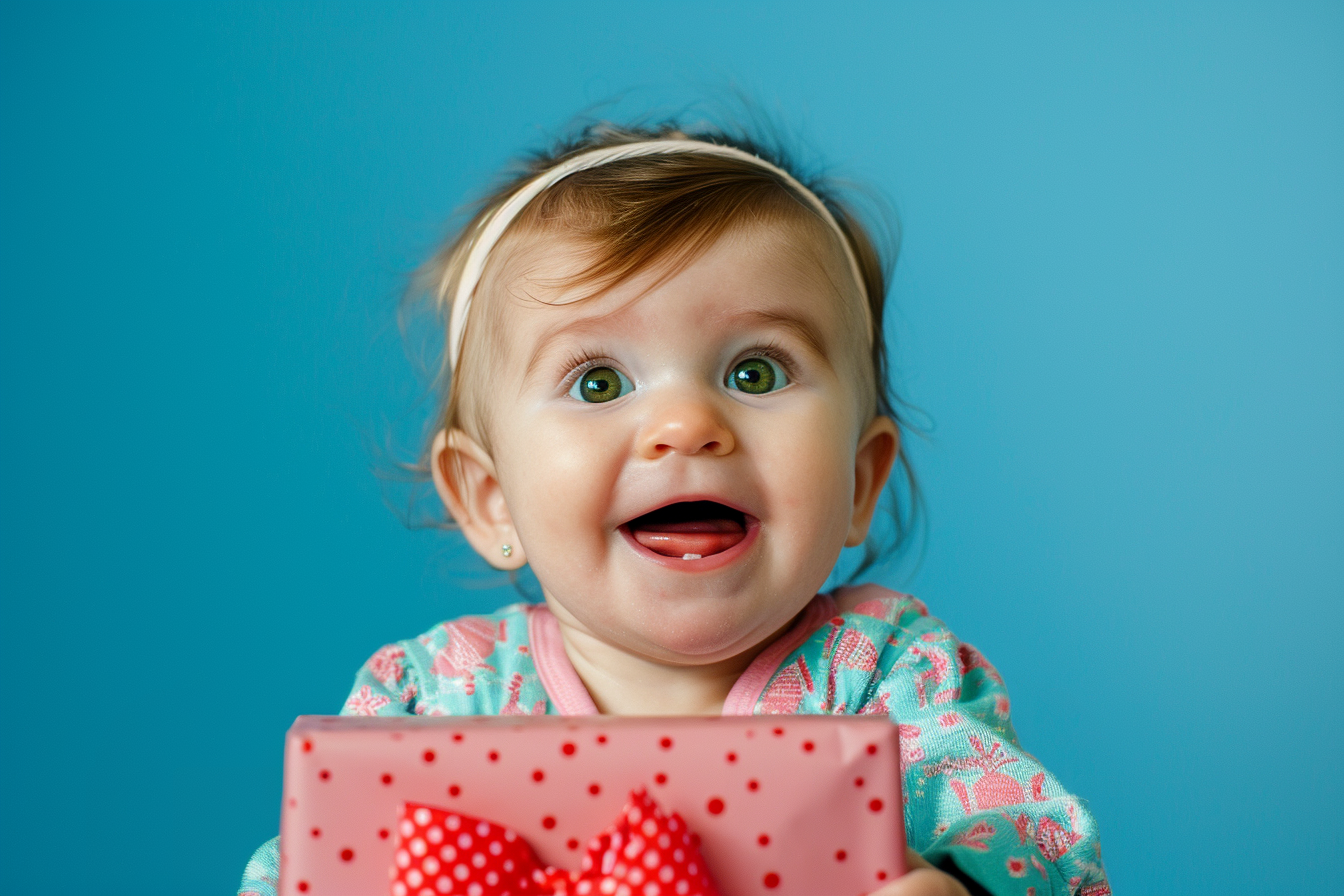 Image gratuite Bébé fille découvrant cadeau sur fond bleu 3