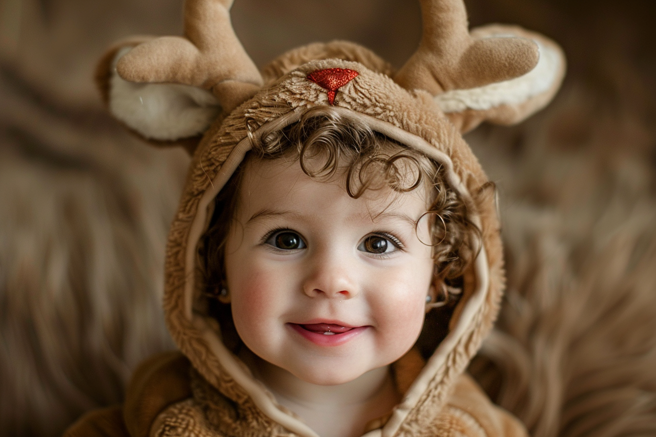 Image gratuite Bébé fille déguisée en renne câlin sur fond brun 1
