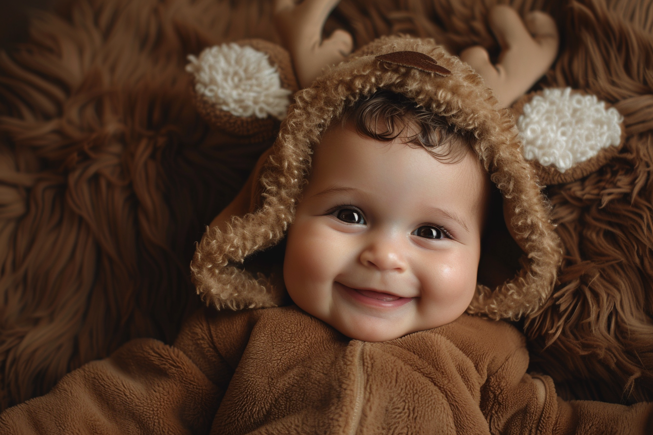Image gratuite Bébé fille déguisée en renne câlin sur fond brun 2