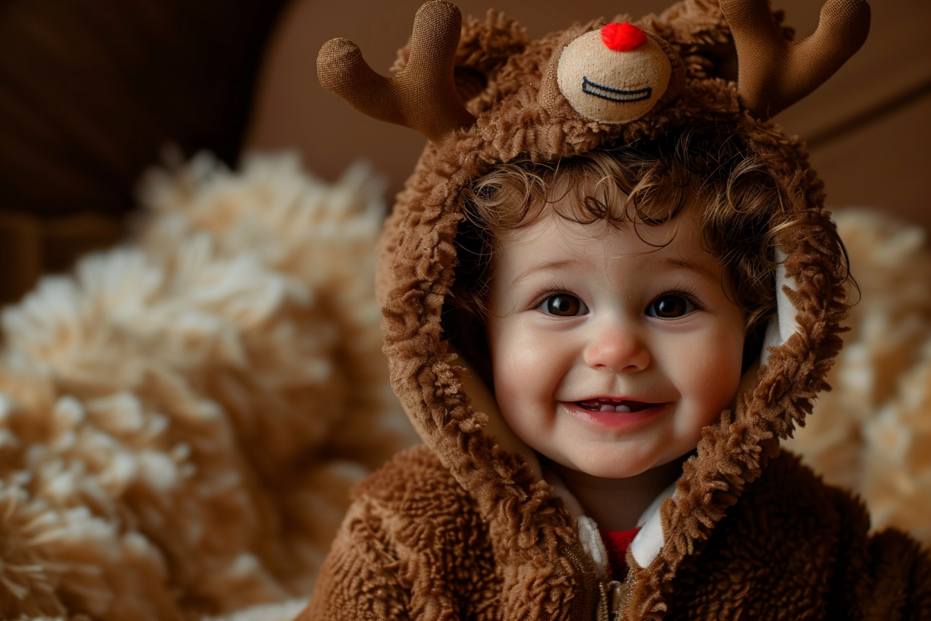 Image gratuite Bébé fille déguisée en renne câlin sur fond brun 3