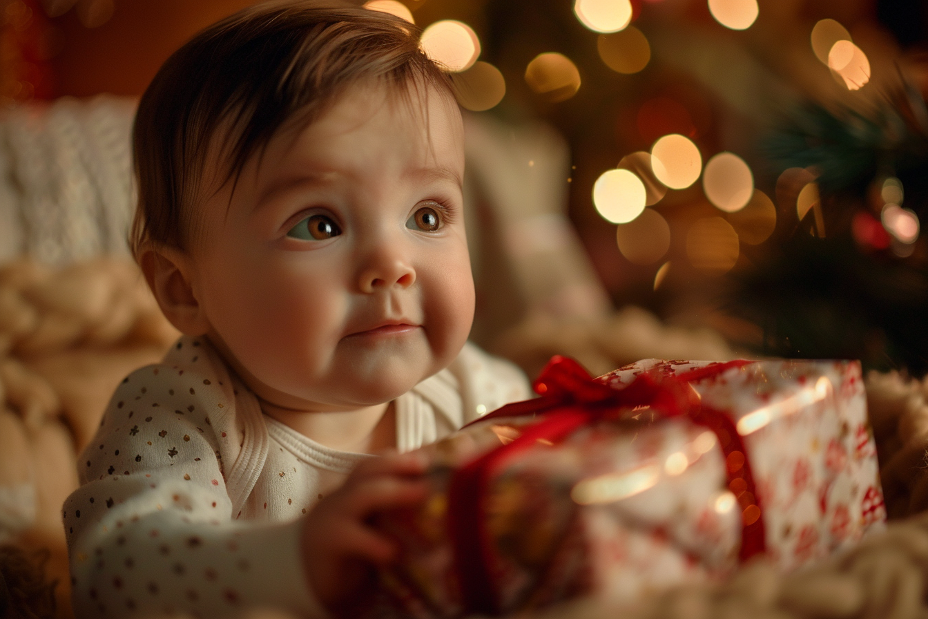 Image gratuite Bébé garçon déballant cadeau de Noël sur fond brun 1