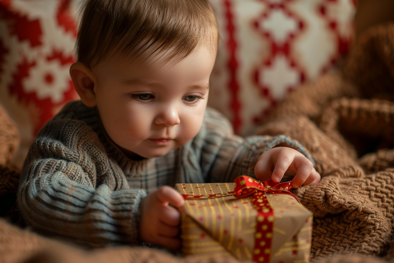 Image gratuite Bébé garçon déballant cadeau de Noël sur fond brun 2