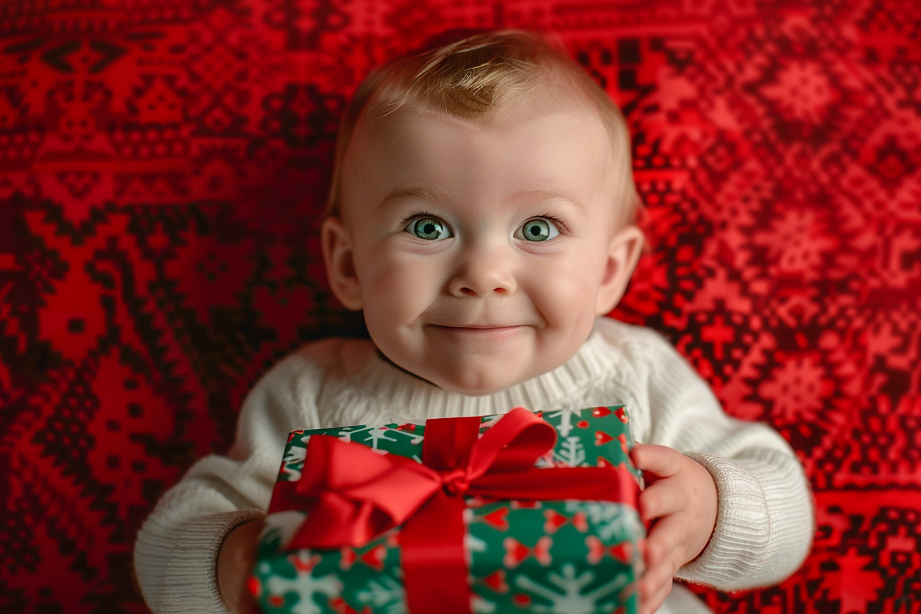 Image gratuite Bébé garçon déballant cadeau de Noël sur fond rouge 1