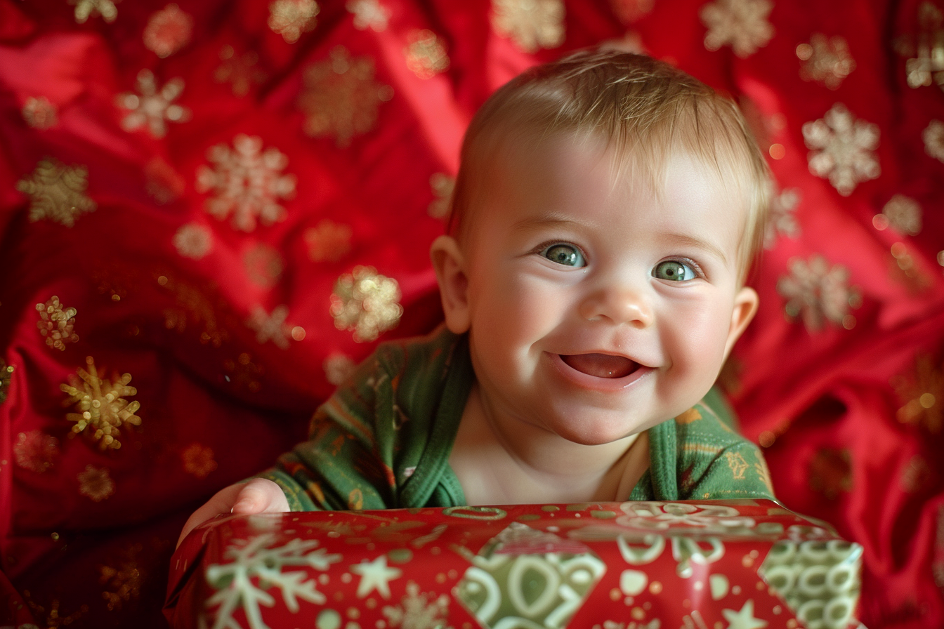 Image gratuite Bébé garçon déballant cadeau de Noël sur fond rouge 2