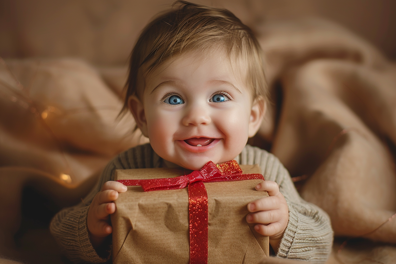 Image gratuite Bébé garçon découvrant cadeau de Noël sur fond brun 1