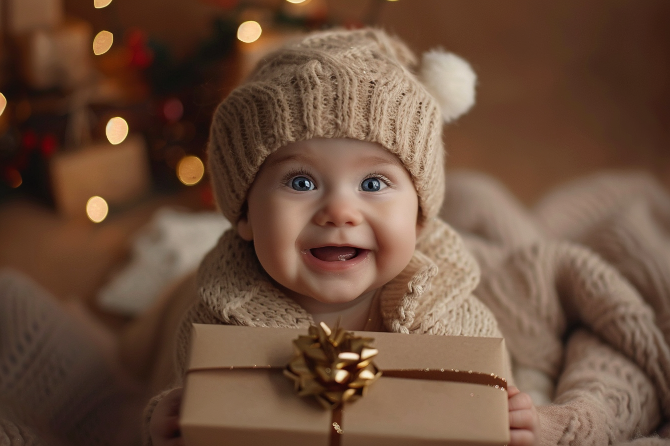 Image gratuite Bébé garçon découvrant cadeau de Noël sur fond brun 2
