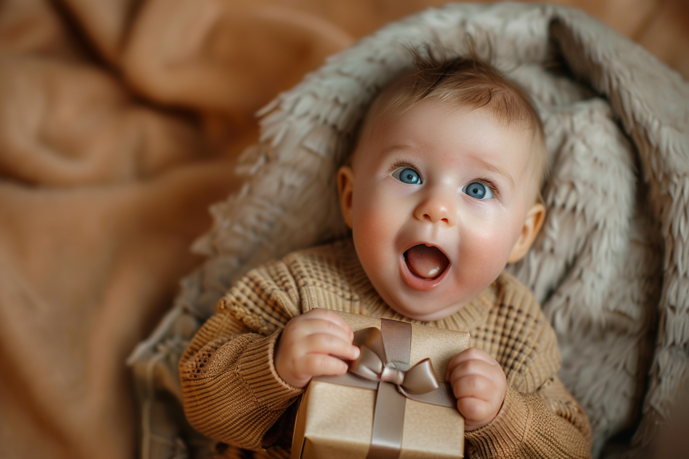 Image gratuite Bébé garçon découvrant cadeau de Noël sur fond brun 3