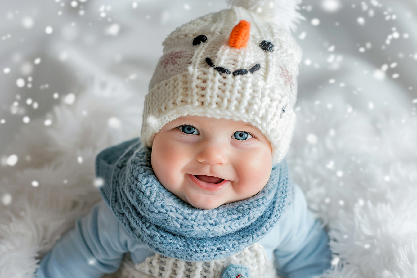 Image gratuite Bébé garçon déguisé en bonhomme de neige sur fond blanc 1