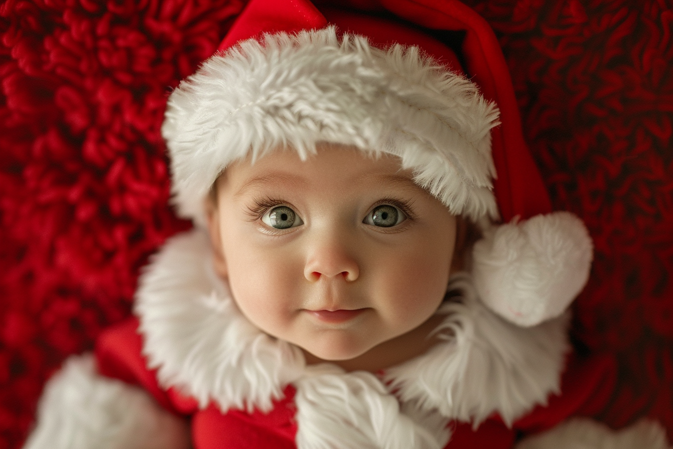 Image gratuite Bébé garçon déguisé en joyeux Père Noël sur fond rouge 1