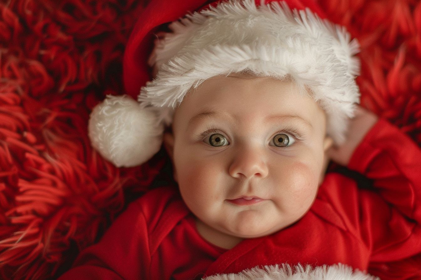 Image gratuite Bébé garçon déguisé en joyeux Père Noël sur fond rouge 2