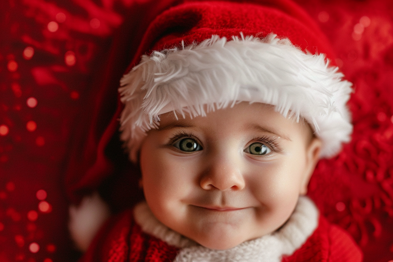 Image gratuite Bébé garçon déguisé en joyeux Père Noël sur fond rouge 3