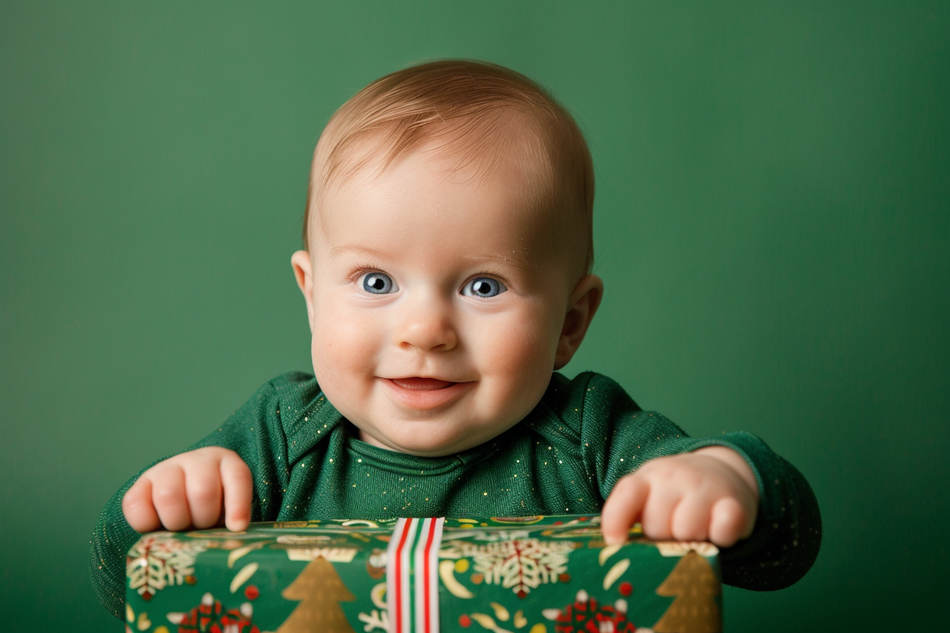 Image gratuite Bébé garçon ouvrant cadeau de Noël sur fond vert 1