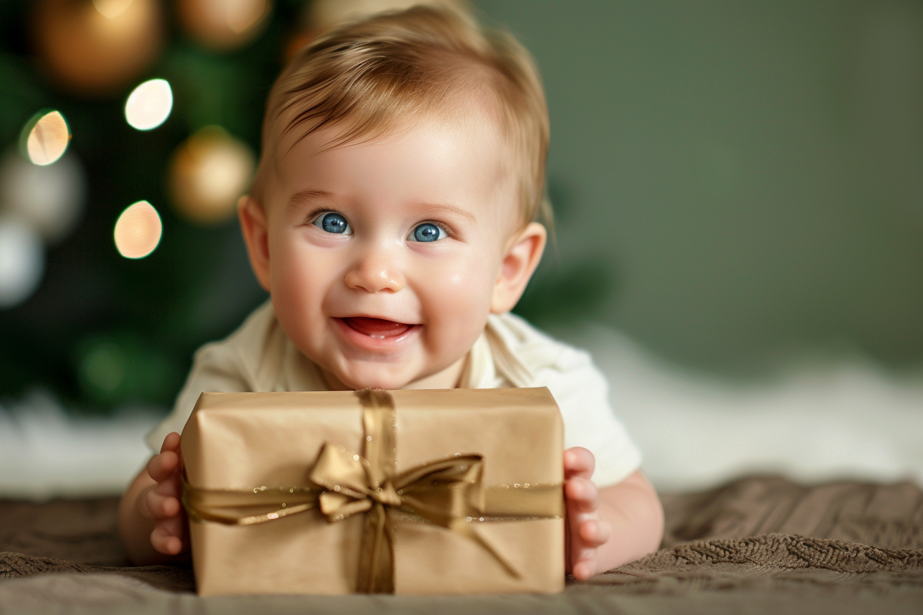 Image gratuite Bébé garçon ouvrant cadeau de Noël sur fond vert 2