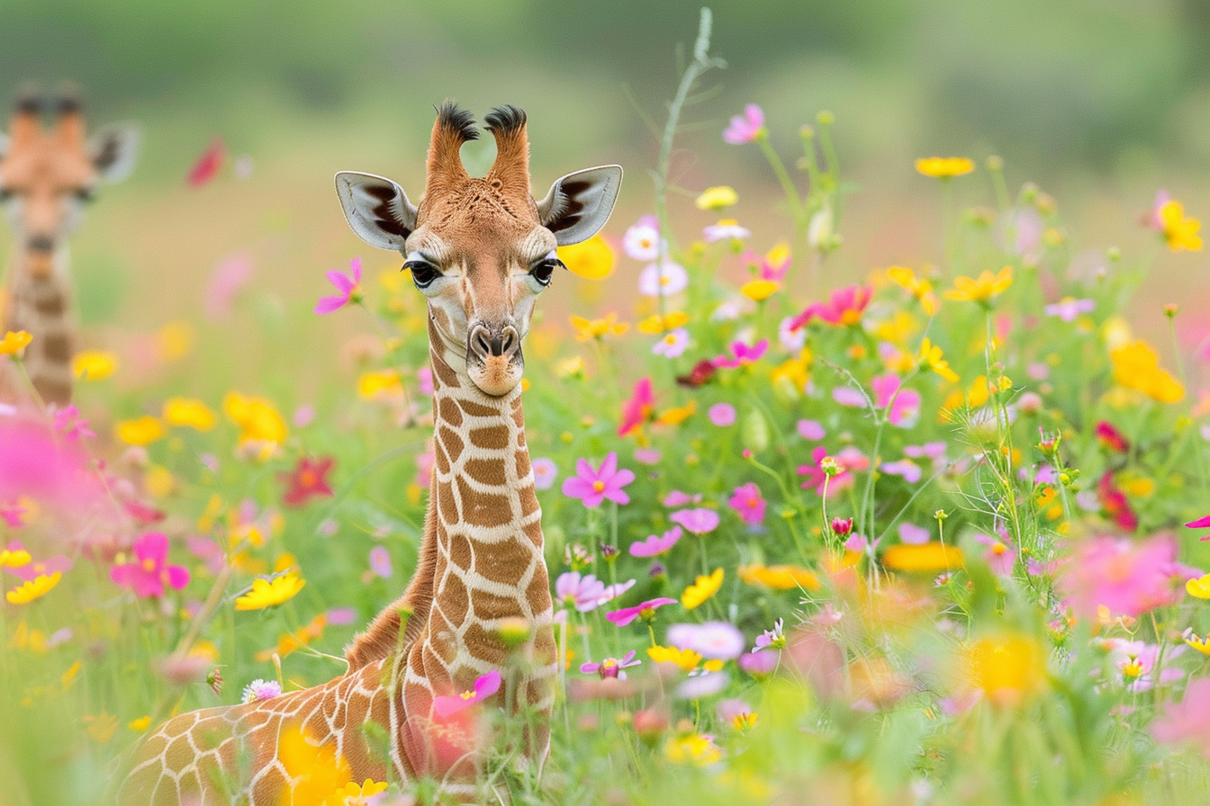 Image gratuite Bébé girafe jouant dans champ de fleurs 1