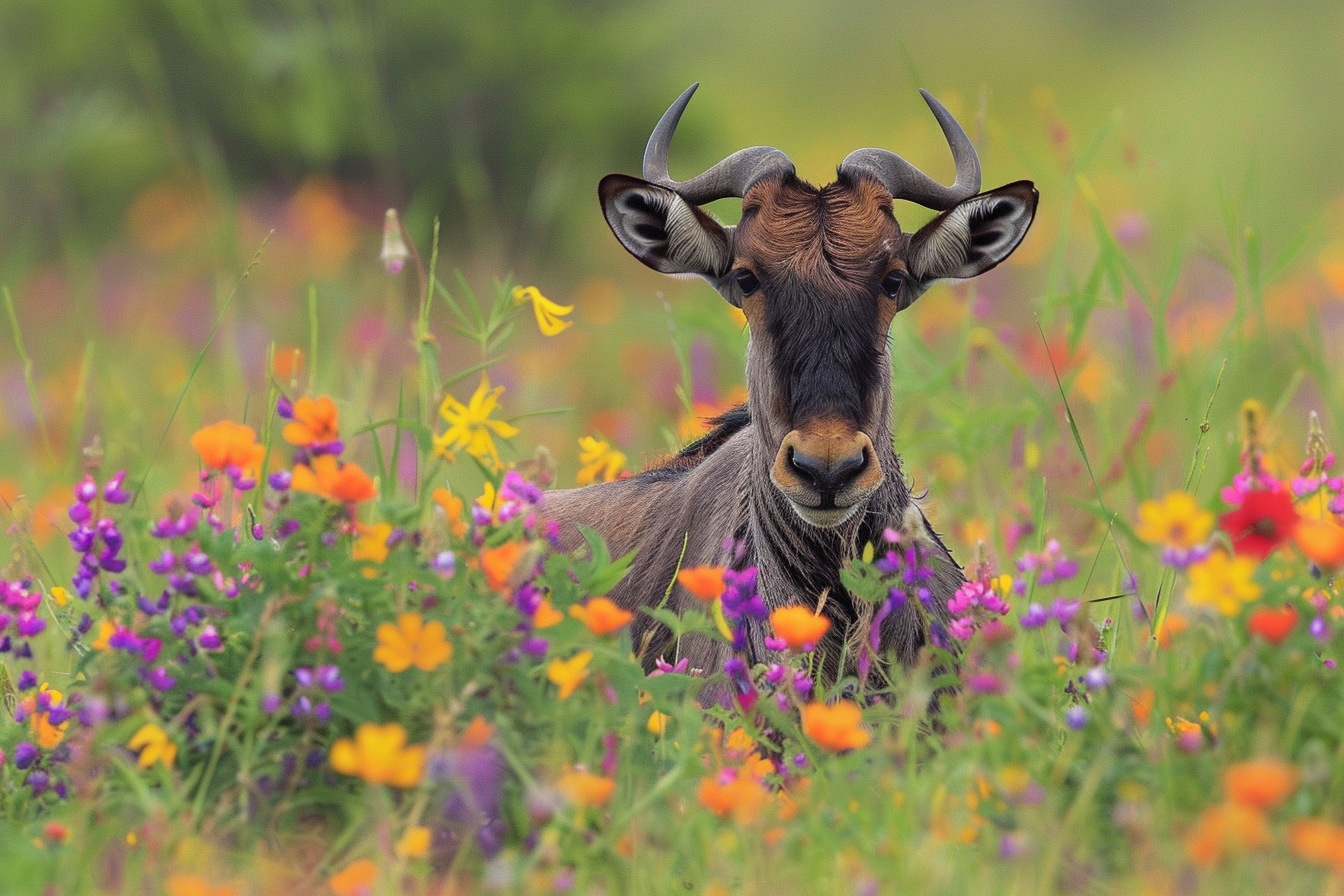 Image gratuite Bébé gnou jouant dans champ de fleurs 1
