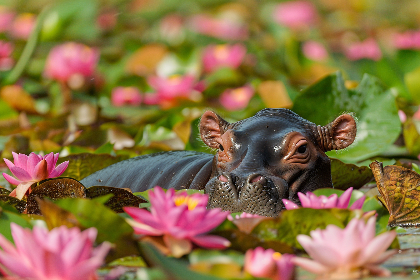 Image gratuite Bébé hippopotame jouant dans champ de nénuphars 1
