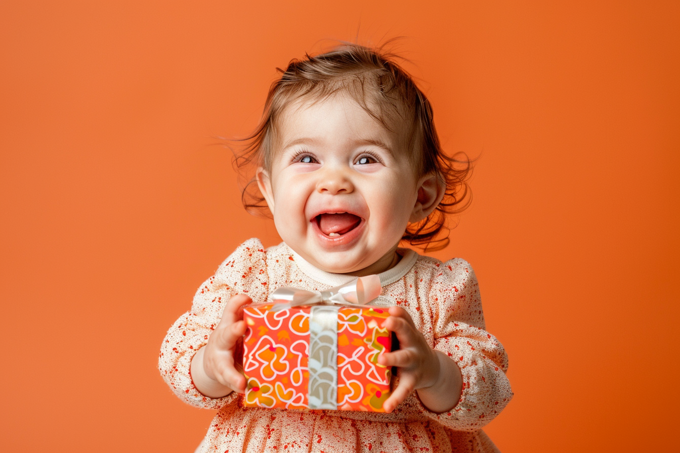 Image gratuite Bébé riant avec un présent d&rsquo;anniversaire 2