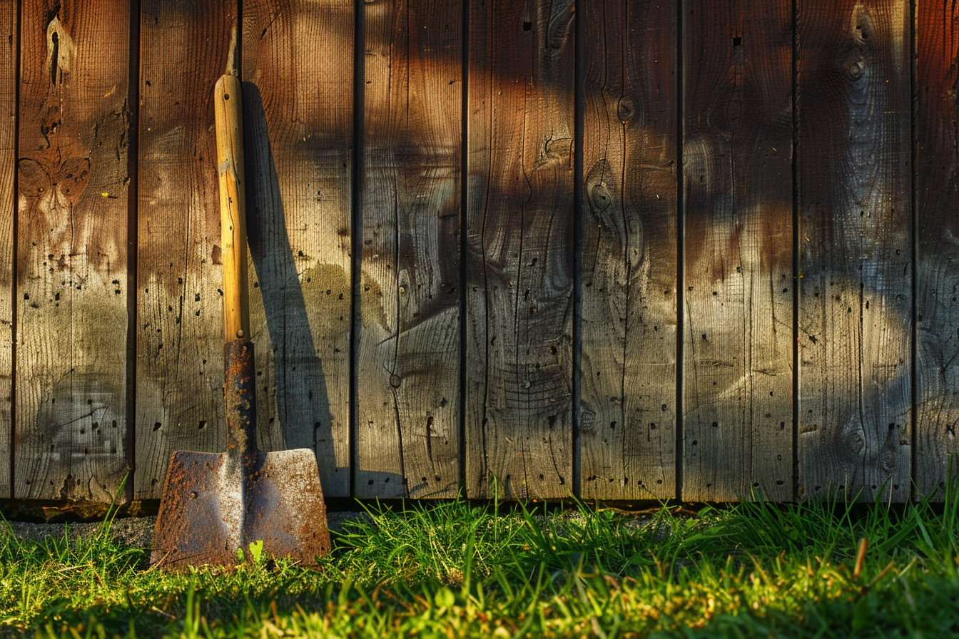 Image gratuite Bêche de jardin contre remise en bois 1