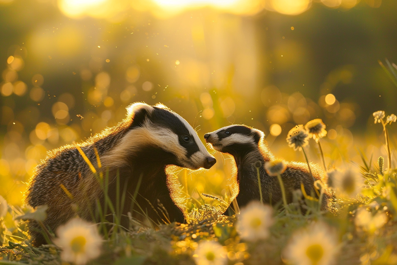 Image gratuite Blaireau et petit jouant au coucher du soleil 2