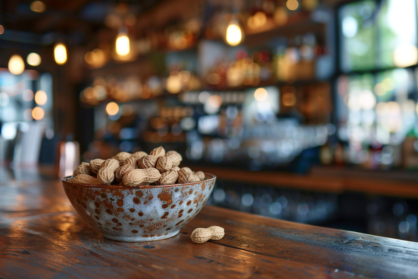 Image gratuite Bol de cacahuètes sur comptoir de bar 1