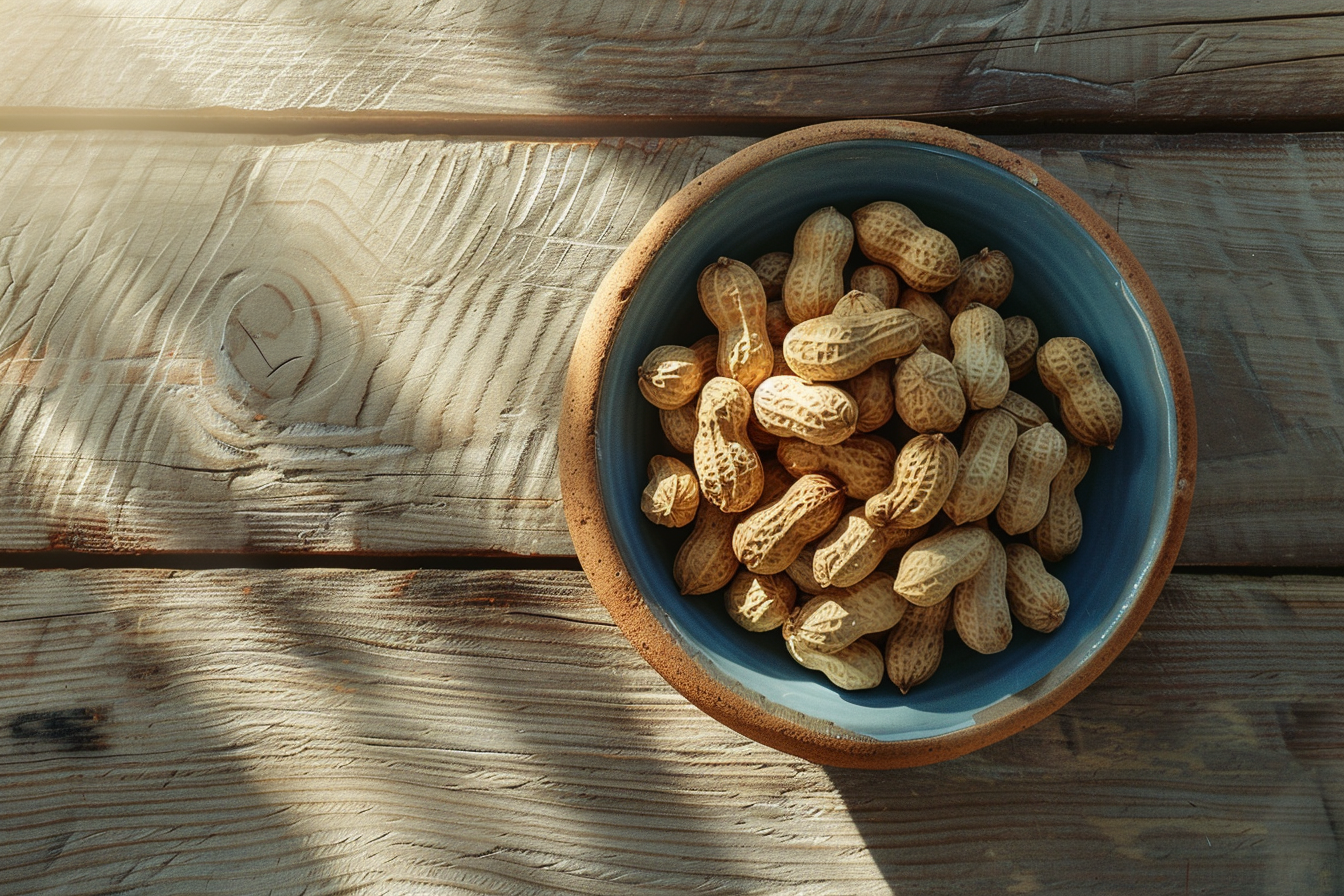 Image gratuite Bol de cacahuètes sur table en bois 1
