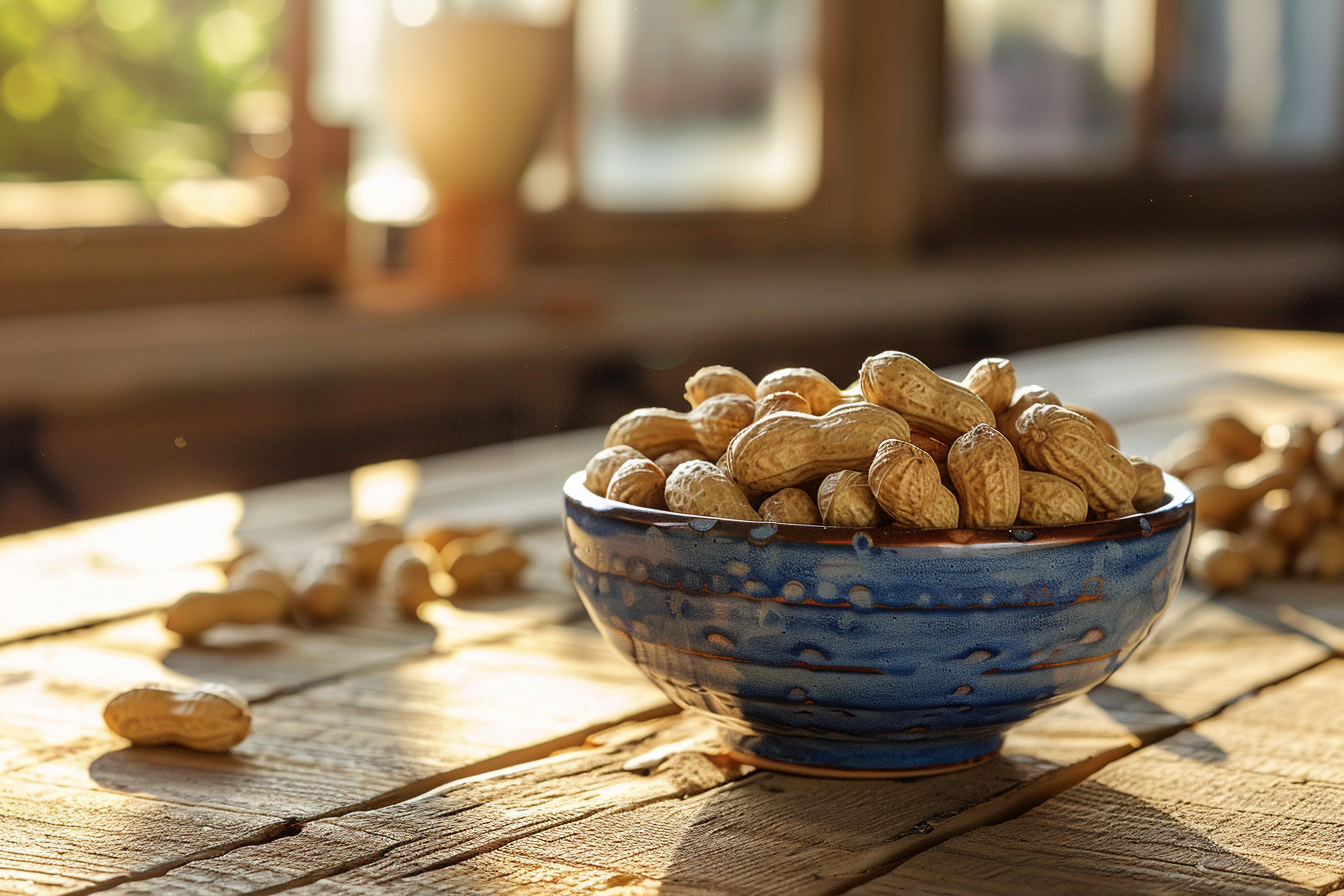 Image gratuite Bol de cacahuètes sur table en bois 3