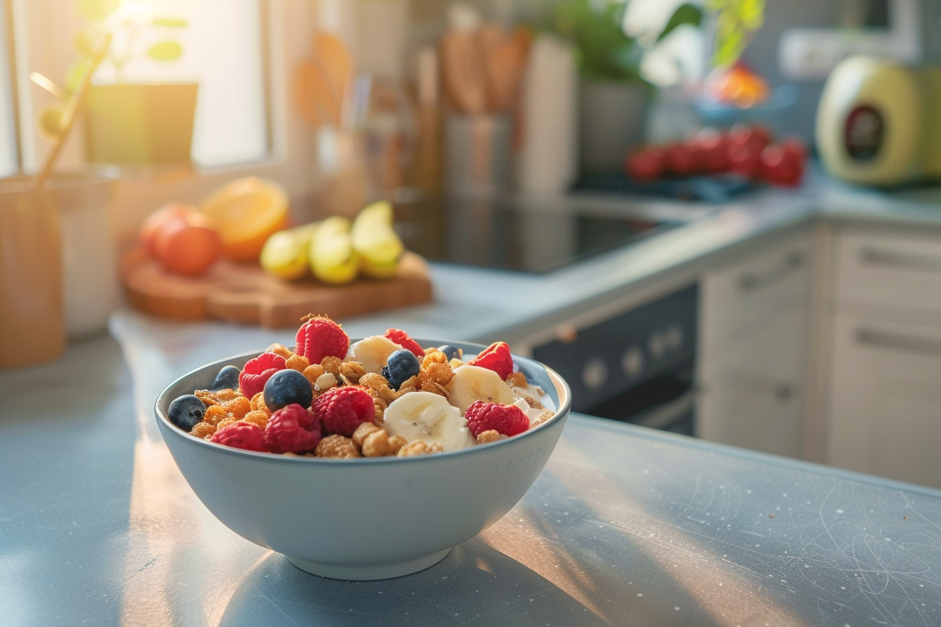 Image gratuite Bol de céréales et lait en cuisine moderne 1