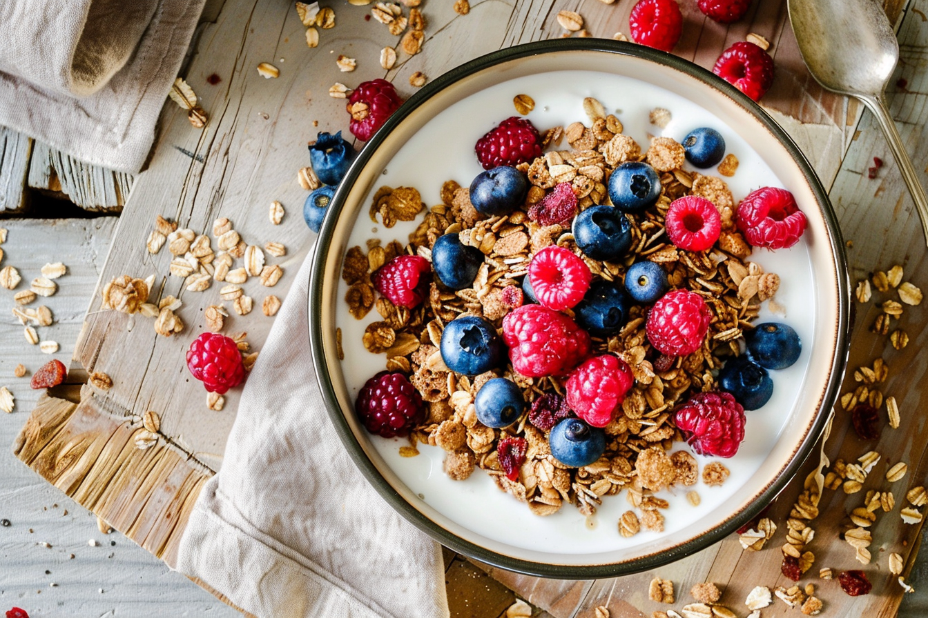 Image gratuite Bol de céréales, lait et baies rustique 1