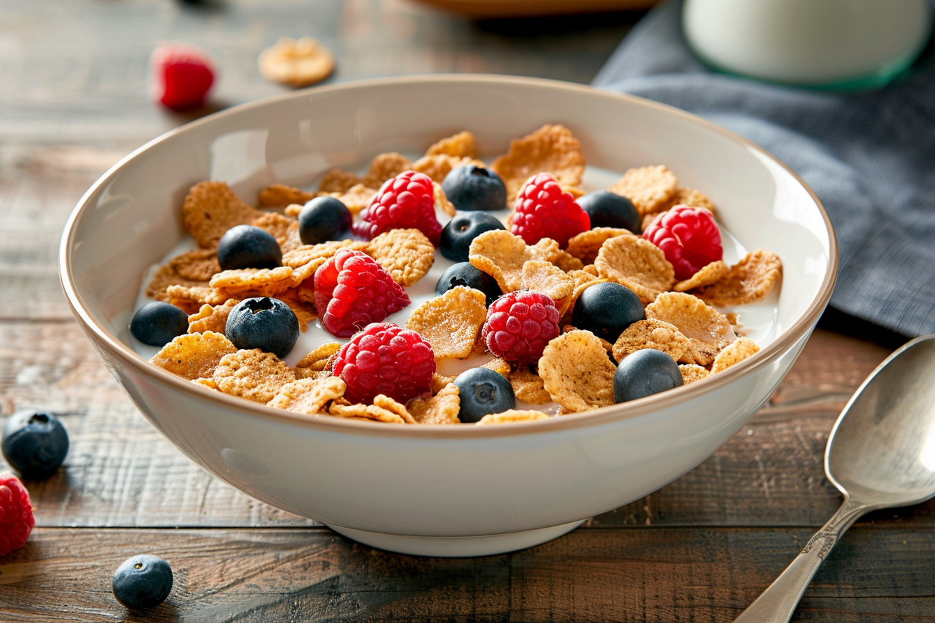 Image gratuite Bol de céréales, lait et baies rustique 2