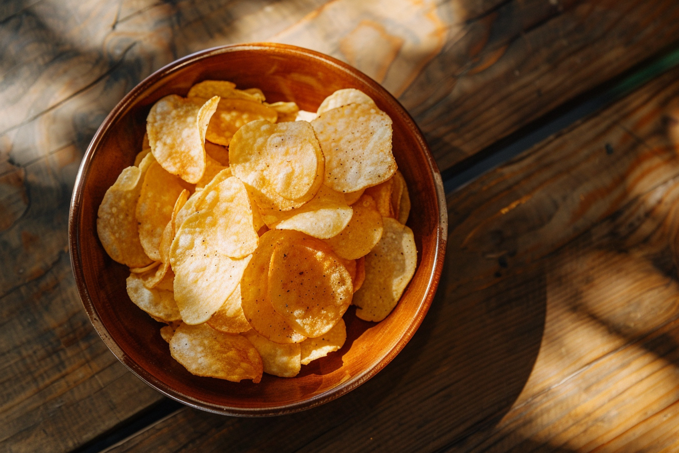 Image gratuite Bol de chips sur table en bois 1