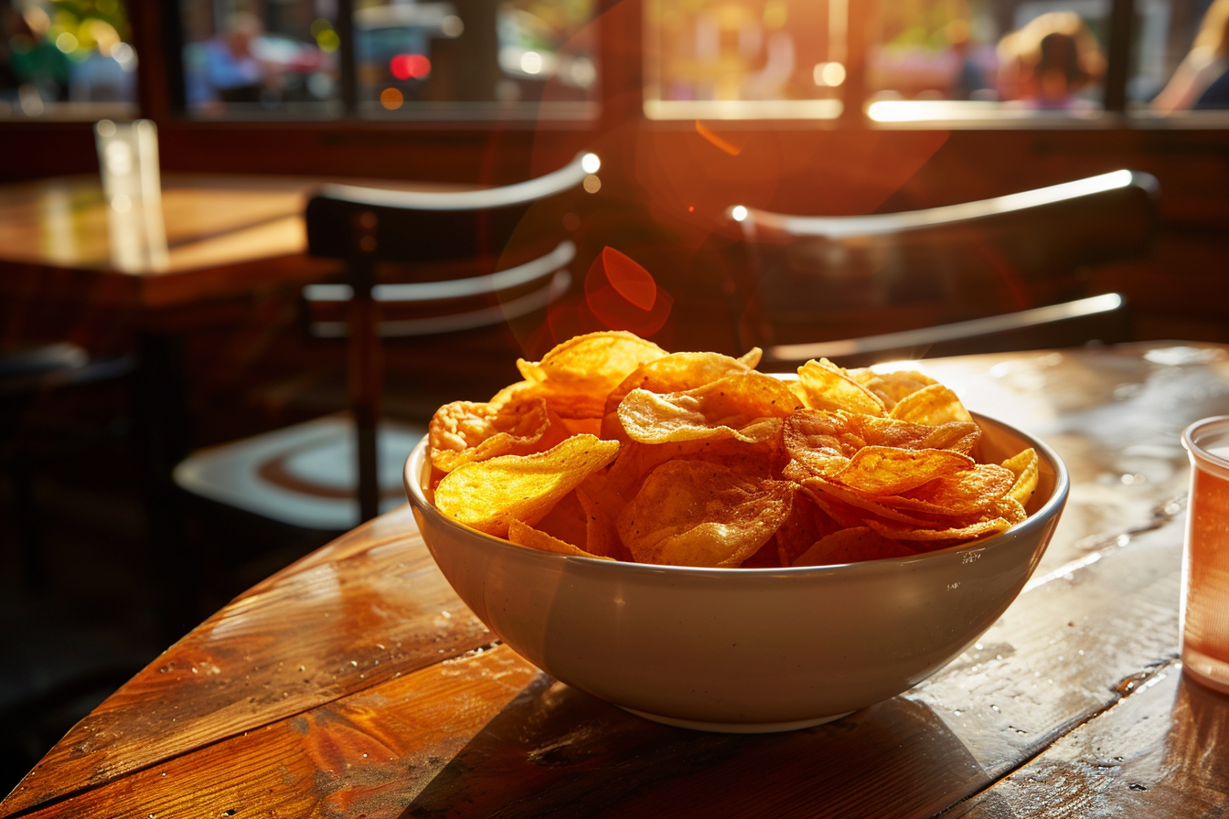 Image gratuite Bol de chips sur table en bois 10