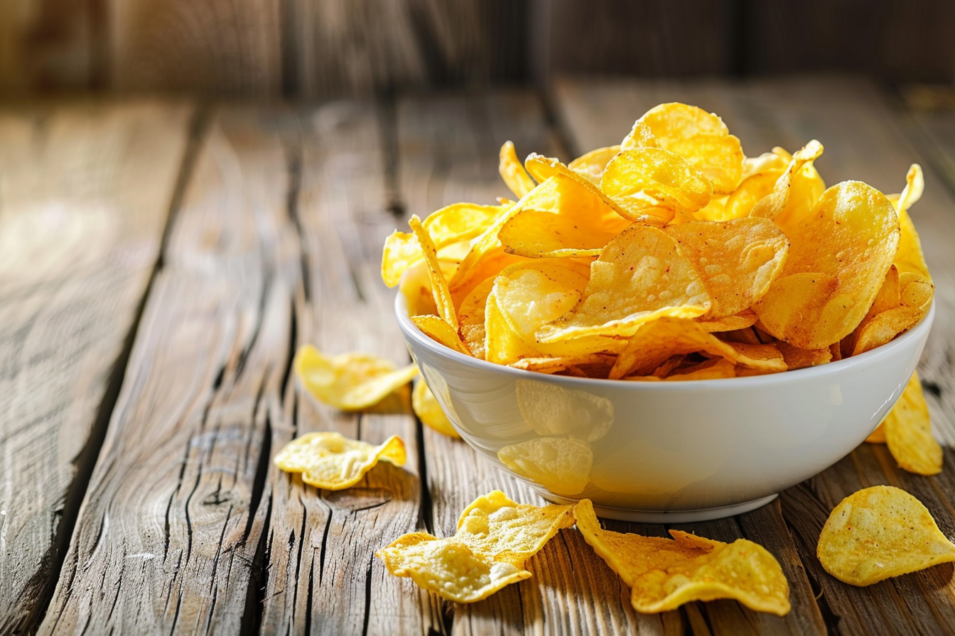 Image gratuite Bol de chips sur table en bois 11