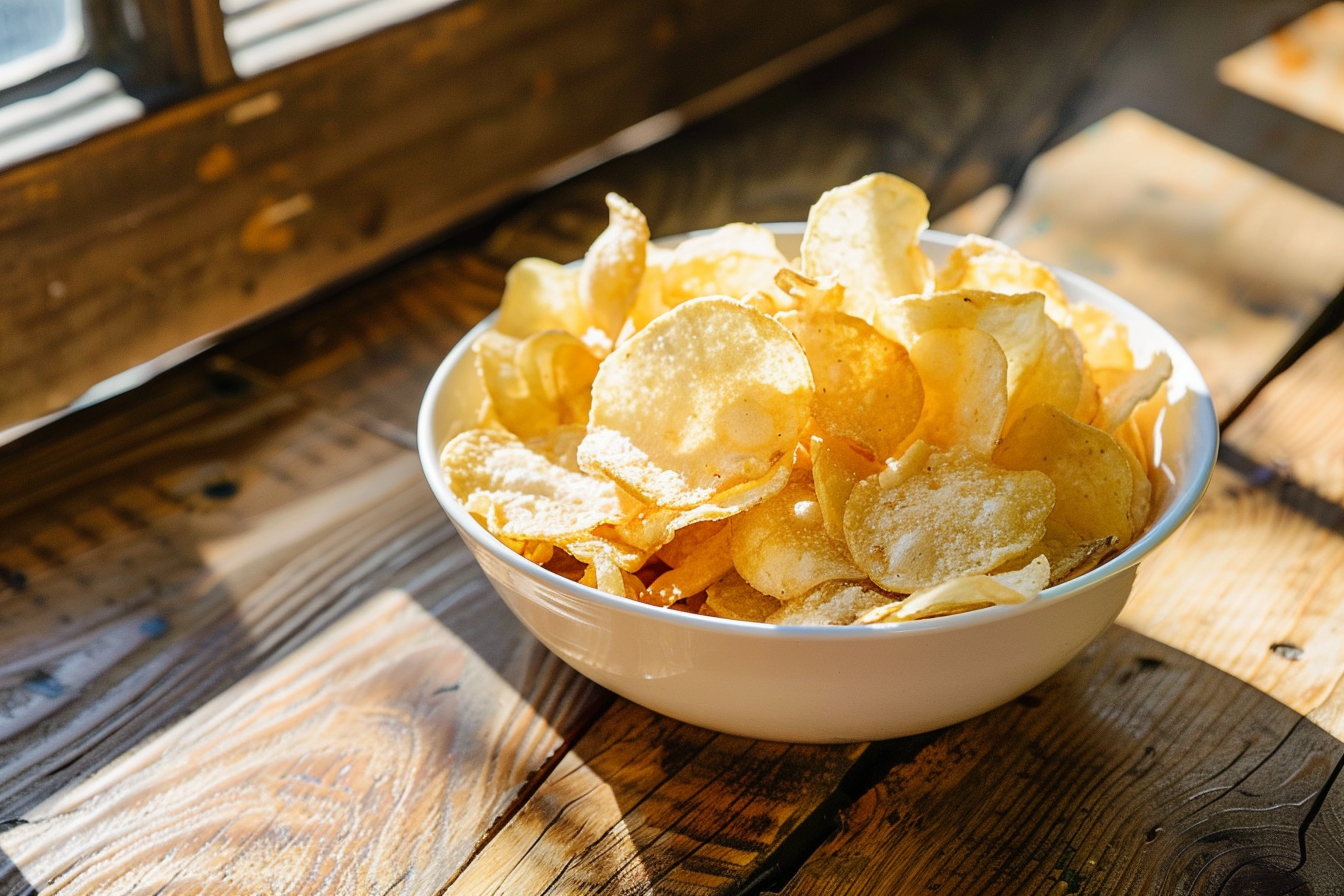 Image gratuite Bol de chips sur table en bois 2