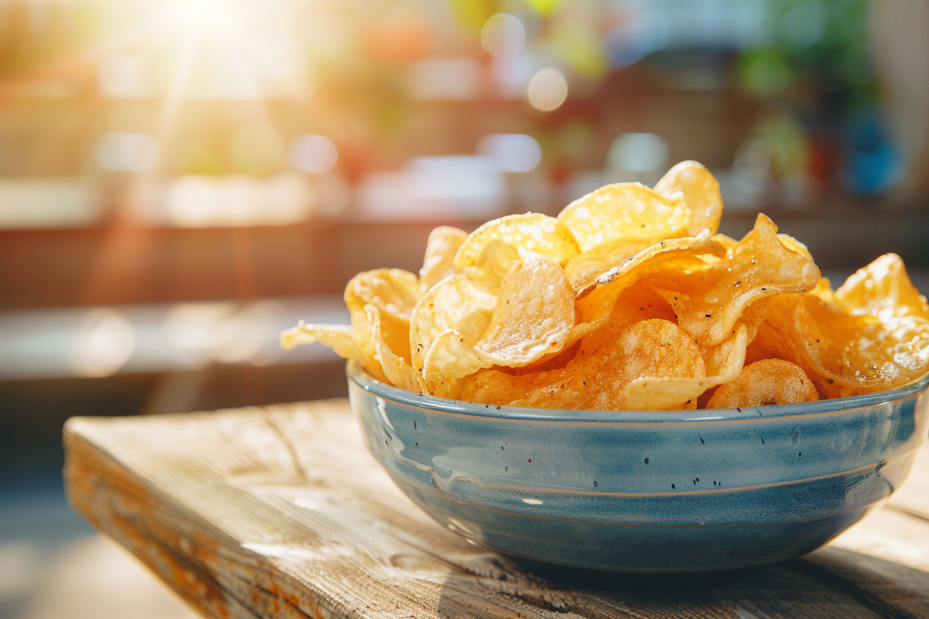 Image gratuite Bol de chips sur table en bois 3