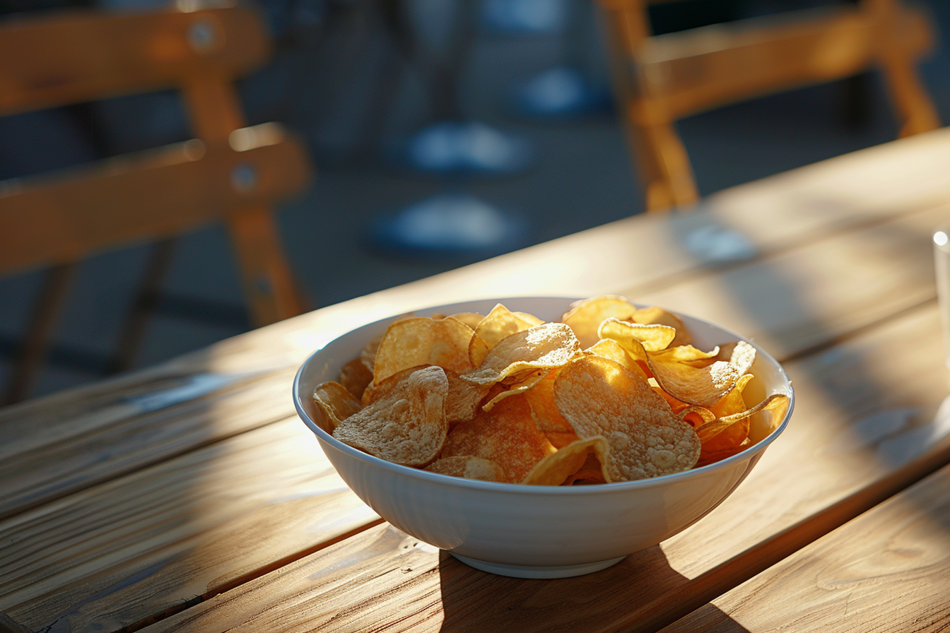 Image gratuite Bol de chips sur table en bois 4