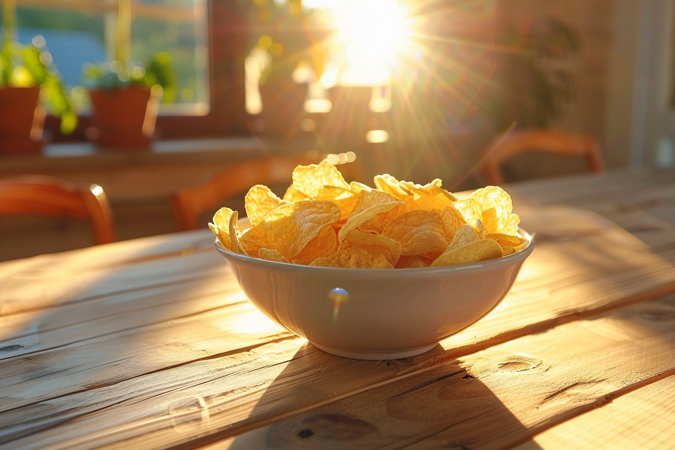 Image gratuite Bol de chips sur table en bois 5