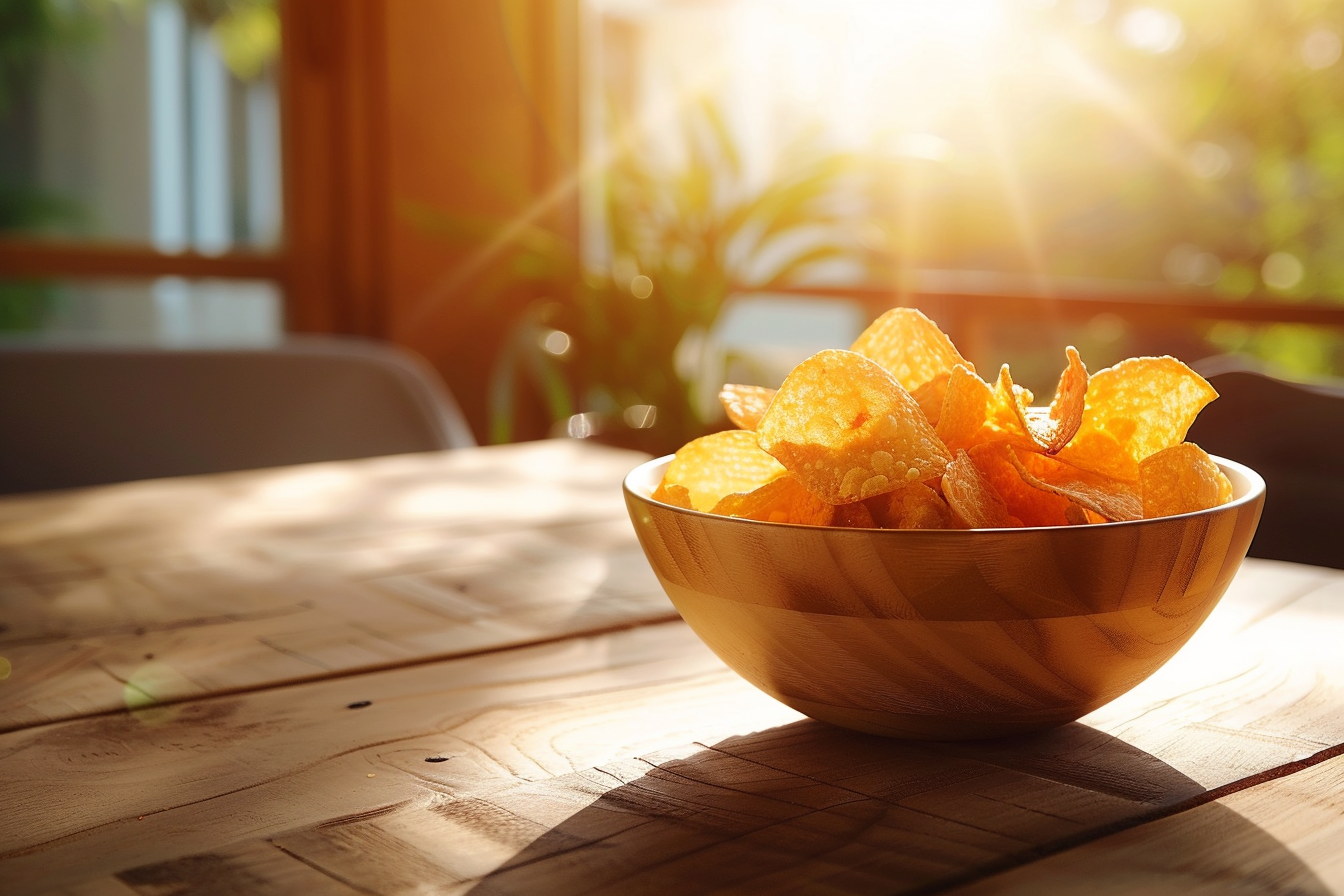 Image gratuite Bol de chips sur table en bois 6